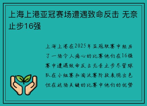 上海上港亚冠赛场遭遇致命反击 无奈止步16强