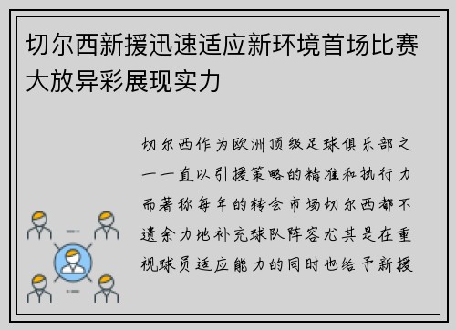 切尔西新援迅速适应新环境首场比赛大放异彩展现实力